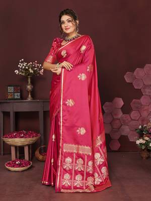 pink Satin silk floral motifs zari weaving banarasi saree 3