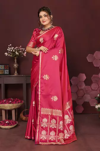 pink Satin silk floral motifs zari weaving banarasi saree