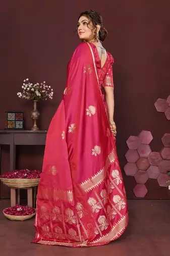 pink Satin silk floral motifs zari weaving banarasi saree