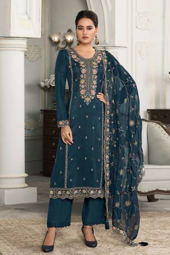 Blue embroidered muga silk semi-pakistani salwar suit