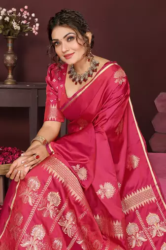 pink Satin silk floral motifs zari weaving banarasi saree