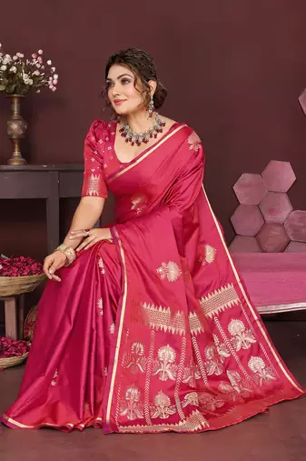 pink Satin silk floral motifs zari weaving banarasi saree
