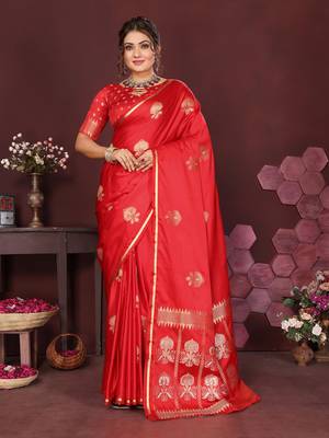 red Satin silk floral motifs zari weaving banarasi saree 1