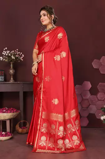 red Satin silk floral motifs zari weaving banarasi saree