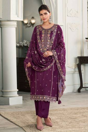 Purple embroidered muga silk semi-pakistani salwar suit