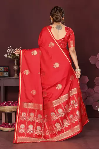 red Satin silk floral motifs zari weaving banarasi saree