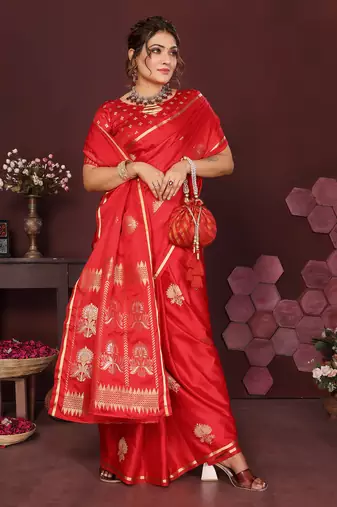 red Satin silk floral motifs zari weaving banarasi saree