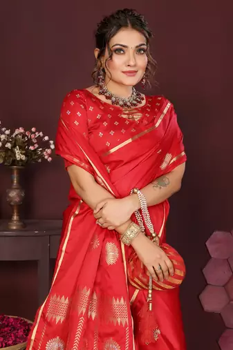 red Satin silk floral motifs zari weaving banarasi saree