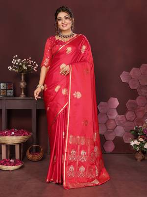 reddish-pink Satin silk floral motifs zari weaving banarasi saree 1