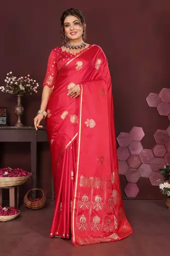 reddish-pink Satin silk floral motifs zari weaving banarasi saree