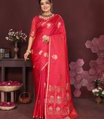 reddish-pink Satin silk floral motifs zari weaving banarasi saree