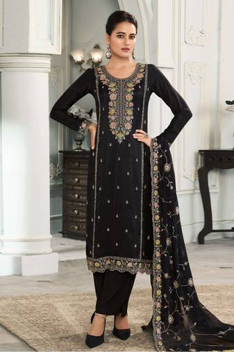 Black embroidered muga silk semi-pakistani salwar suit