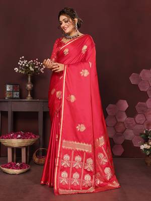 reddish-pink Satin silk floral motifs zari weaving banarasi saree 3