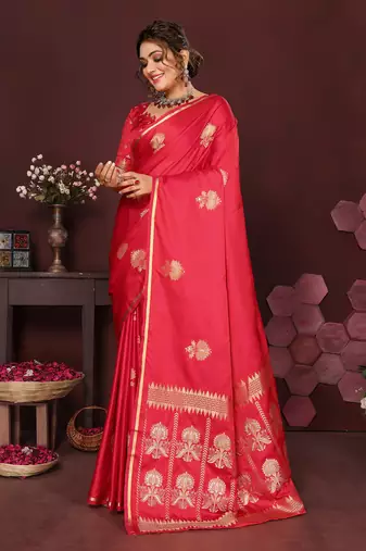 reddish-pink Satin silk floral motifs zari weaving banarasi saree