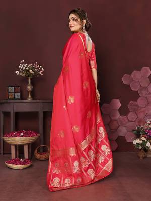 reddish-pink Satin silk floral motifs zari weaving banarasi saree 4