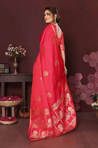 reddish-pink Satin silk floral motifs zari weaving banarasi saree
