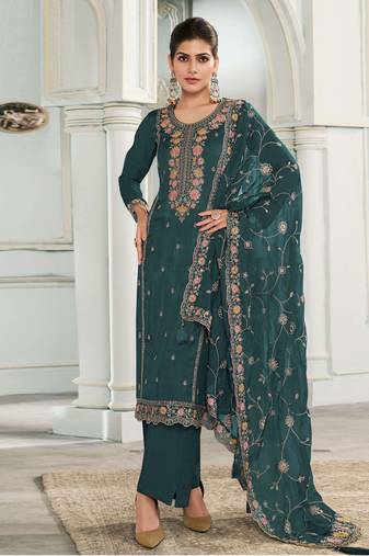 Rama embroidered muga silk semi-pakistani salwar suit