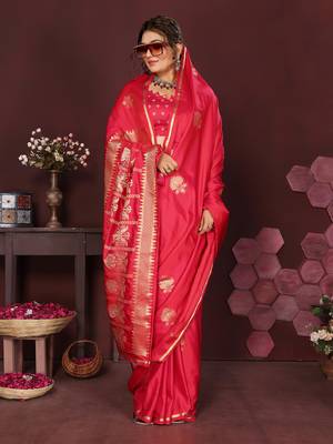 reddish-pink Satin silk floral motifs zari weaving banarasi saree 5