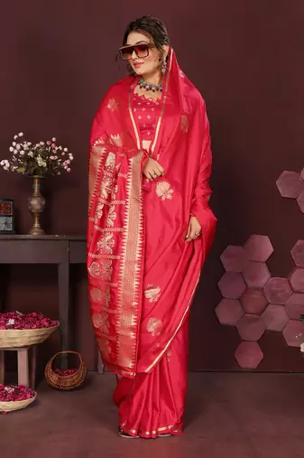 reddish-pink Satin silk floral motifs zari weaving banarasi saree
