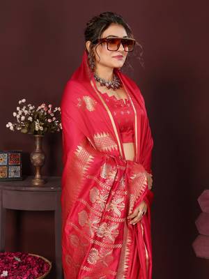 reddish-pink Satin silk floral motifs zari weaving banarasi saree 6