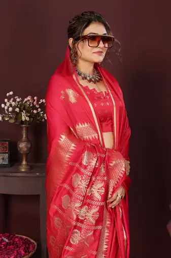 reddish-pink Satin silk floral motifs zari weaving banarasi saree