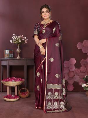 wine Satin silk floral motifs zari weaving banarasi saree 1