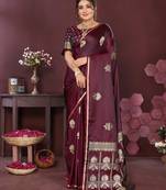 wine Satin silk floral motifs zari weaving banarasi saree