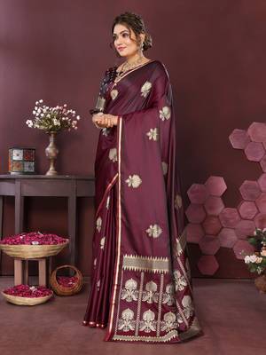 wine Satin silk floral motifs zari weaving banarasi saree 3