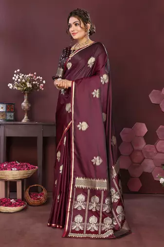wine Satin silk floral motifs zari weaving banarasi saree