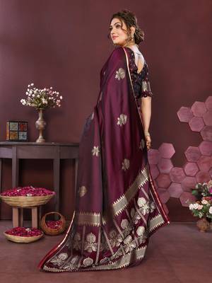 wine Satin silk floral motifs zari weaving banarasi saree 4
