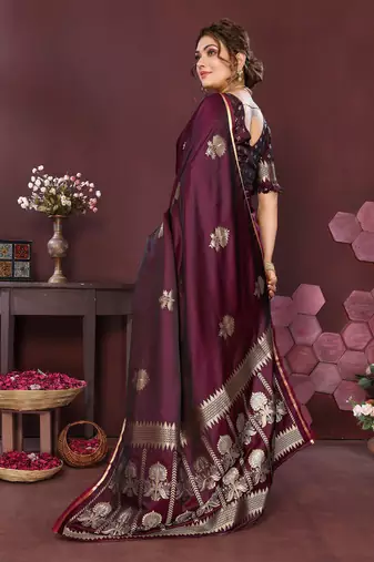 wine Satin silk floral motifs zari weaving banarasi saree