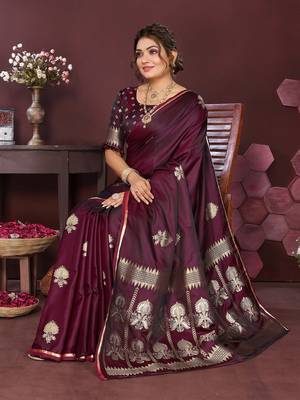 wine Satin silk floral motifs zari weaving banarasi saree 5