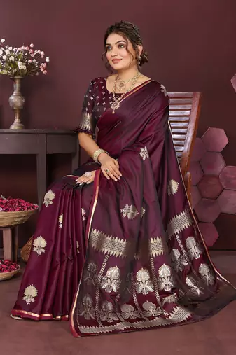 wine Satin silk floral motifs zari weaving banarasi saree
