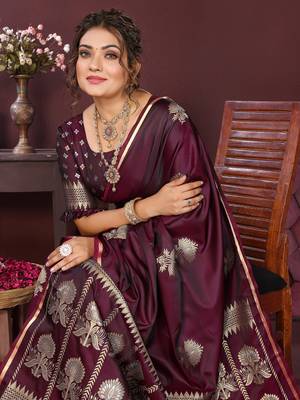 wine Satin silk floral motifs zari weaving banarasi saree 6