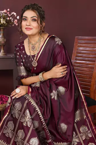 wine Satin silk floral motifs zari weaving banarasi saree