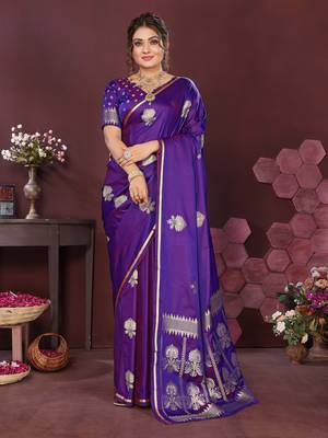 purple Satin silk floral motifs zari weaving banarasi saree 1