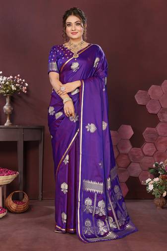 purple Satin silk floral motifs zari weaving banarasi saree