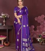purple Satin silk floral motifs zari weaving banarasi saree