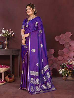 purple Satin silk floral motifs zari weaving banarasi saree 3