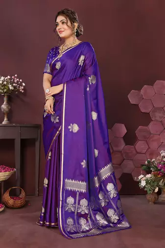 purple Satin silk floral motifs zari weaving banarasi saree
