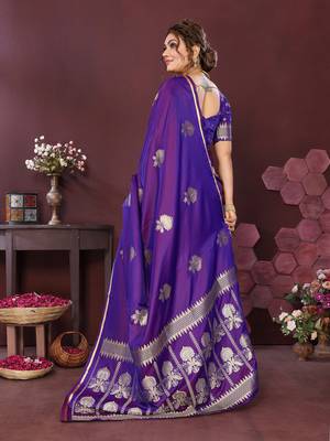 purple Satin silk floral motifs zari weaving banarasi saree 4