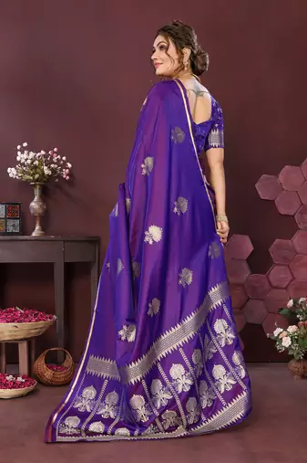 purple Satin silk floral motifs zari weaving banarasi saree