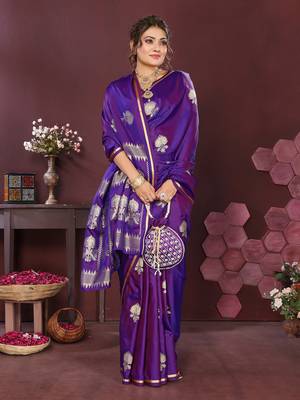 purple Satin silk floral motifs zari weaving banarasi saree 5