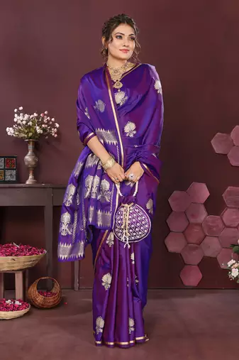 purple Satin silk floral motifs zari weaving banarasi saree