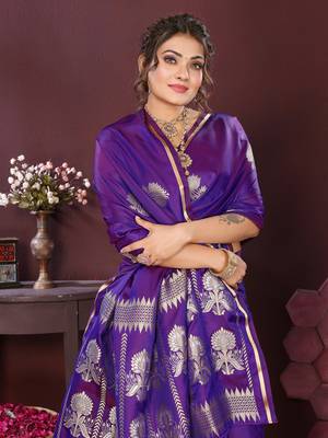 purple Satin silk floral motifs zari weaving banarasi saree 6