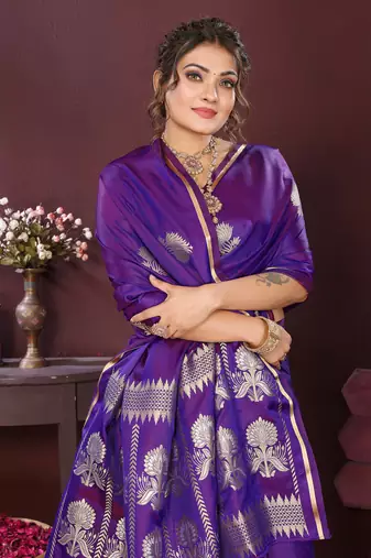 purple Satin silk floral motifs zari weaving banarasi saree