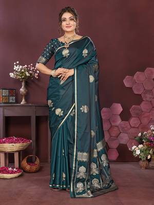 emerald green Satin silk floral motifs zari weaving banarasi saree 1