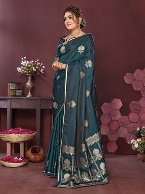 emerald green Satin silk floral motifs zari weaving banarasi saree 3
