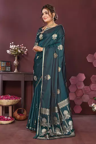 emerald green Satin silk floral motifs zari weaving banarasi saree