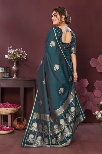 emerald green Satin silk floral motifs zari weaving banarasi saree